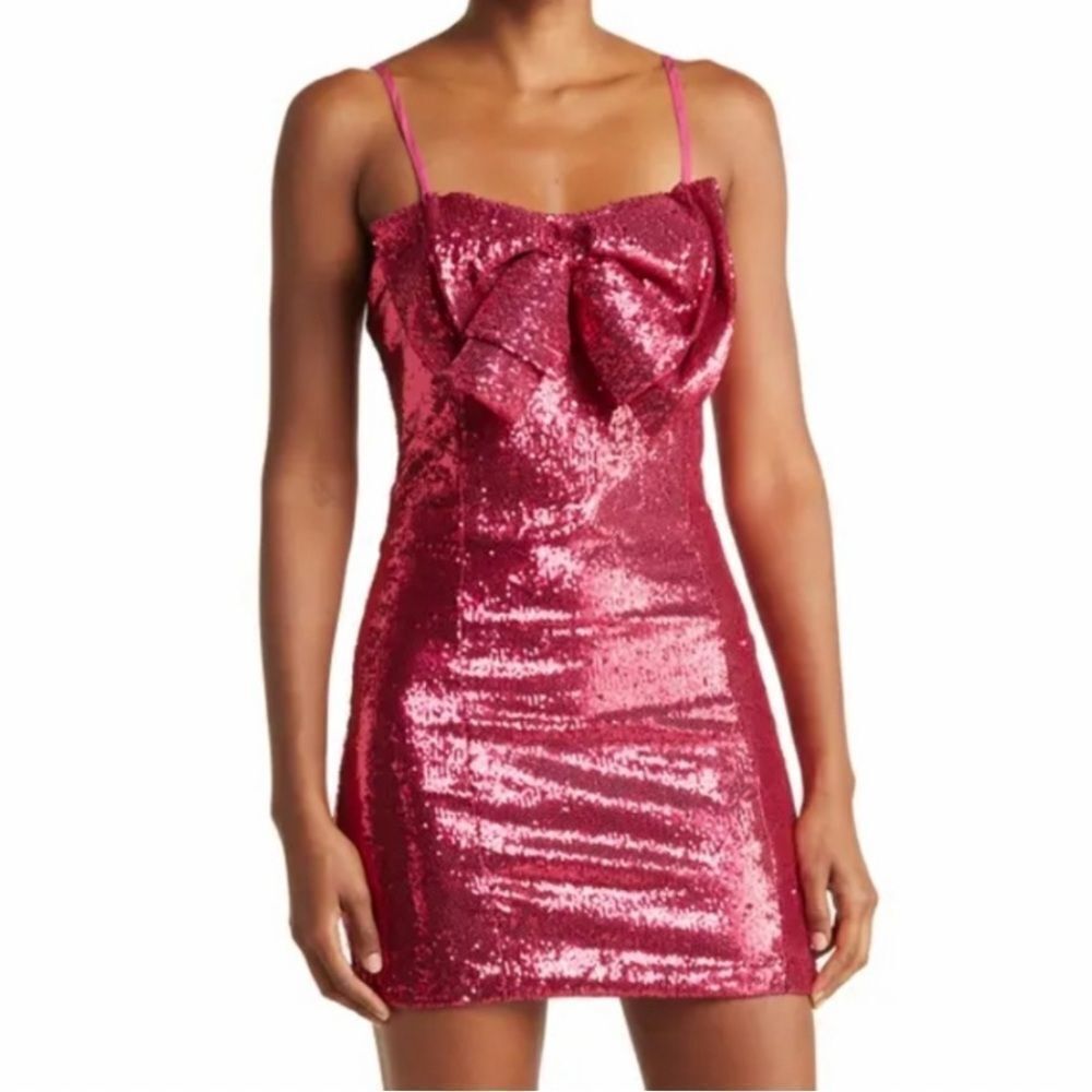 Torn By Ronny Kobo Lindsay Dress Pink Sequin Large Bow Mini Cocktail Dress New